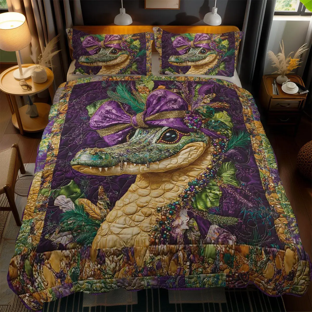 Mardi Gras Crocodile Quilted Bedding Set Holiday Duvet Cover Decorations Gifts For Him