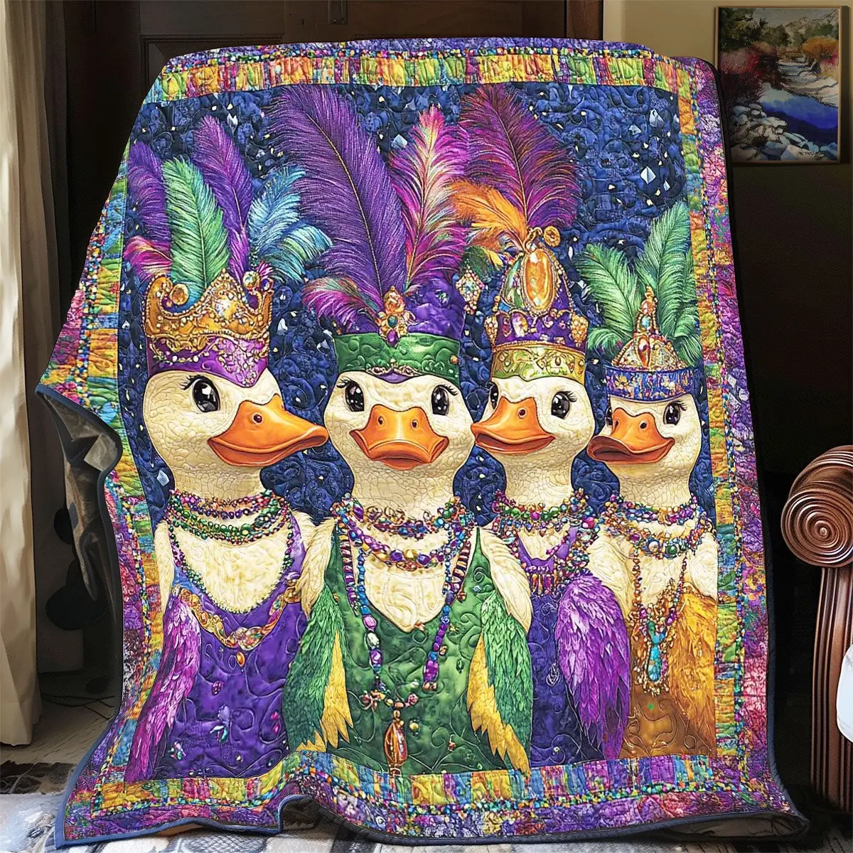 Mardi Gras Duck Quilted Blanket Holiday Bed Room Decorations Ideas Gifts For Duck Lovers