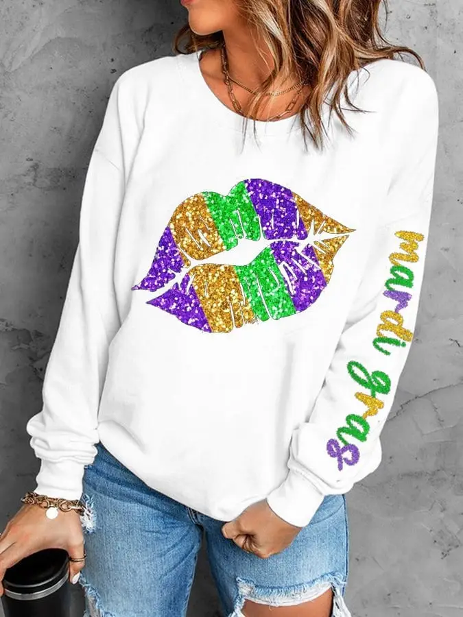 Mardi Gras Glitter Lips Sweatshirt Galveston Mardi Gras 2026 Apparel Gifts For Women
