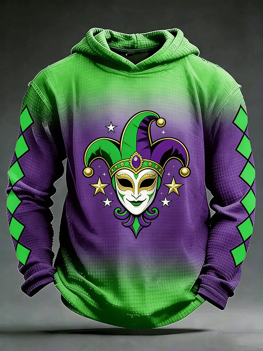 Mardi Gras Jester Mask Hoodie Waffle Louisiana Mardi Grass Merch Gift for Men Mardi Gras Jester Mask Hoodie Waffle Louisiana Mardi Grass Merch Gift for Men - Image 1