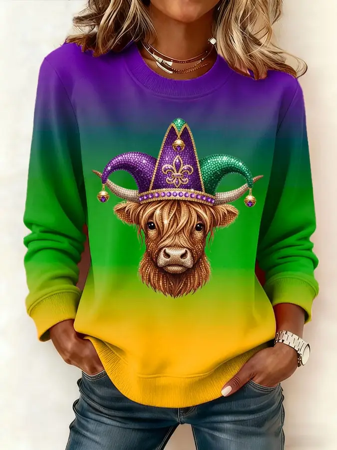Mardi Gras Merch Sweatshirt Highland Cow Print Carnival Clothes Gift for Wife Mardi Gras Merch Sweatshirt Highland Cow Print Carnival Clothes Gift for Wife - Image 1