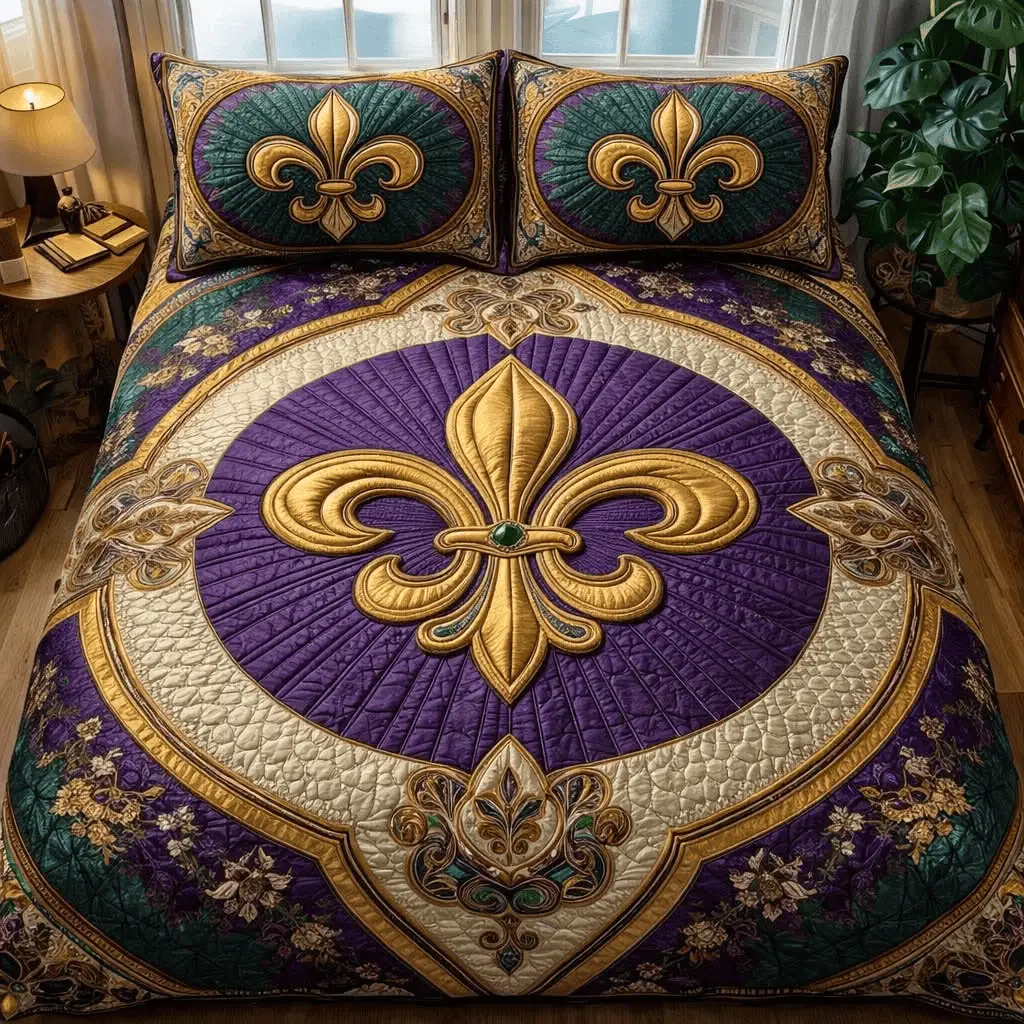 Mardi Gras Quilt Bedding Set New Orleans Carnival King Bedspread Gift for Couples Mardi Gras Quilt Bedding Set New Orleans Carnival King Bedspread Gift for Couples - Image 1
