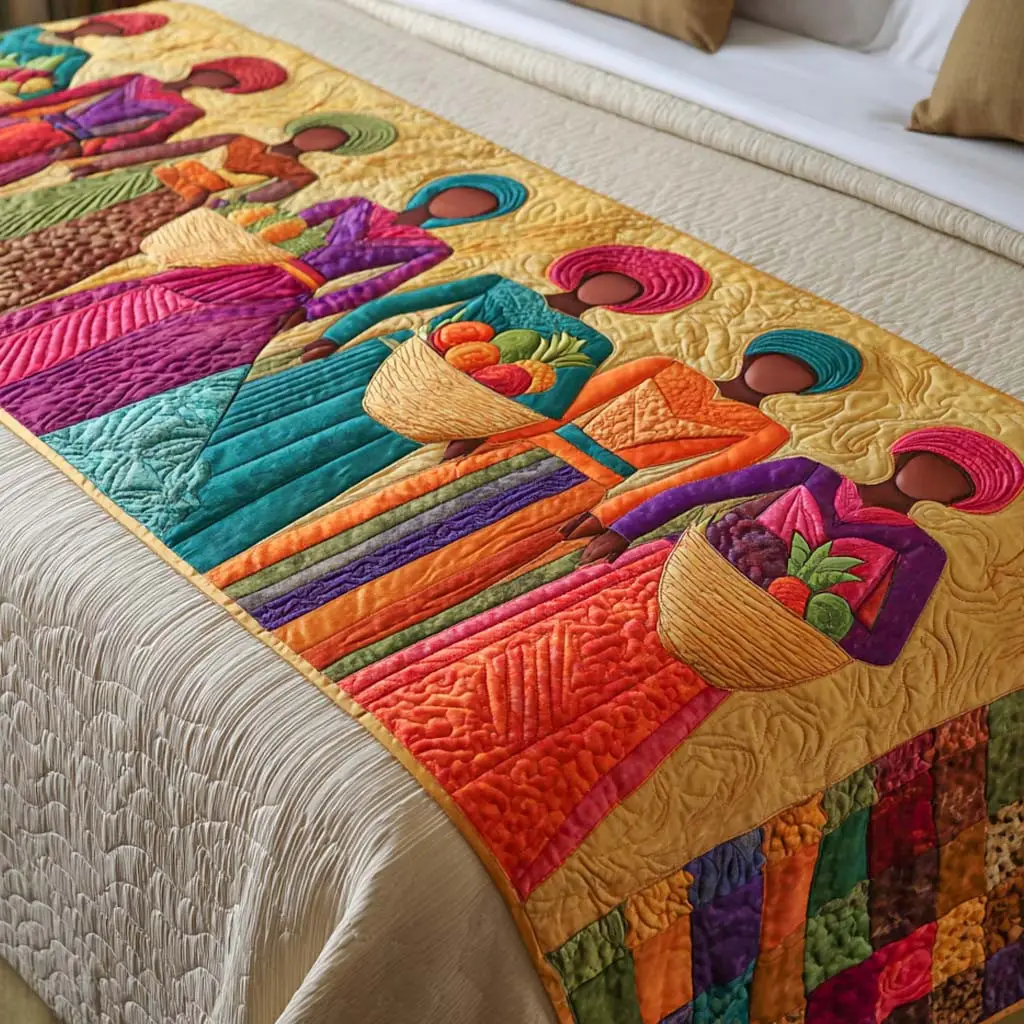 Market Queens Quilted Bed Runner Market Lady Silhouettes Gift for Aunt