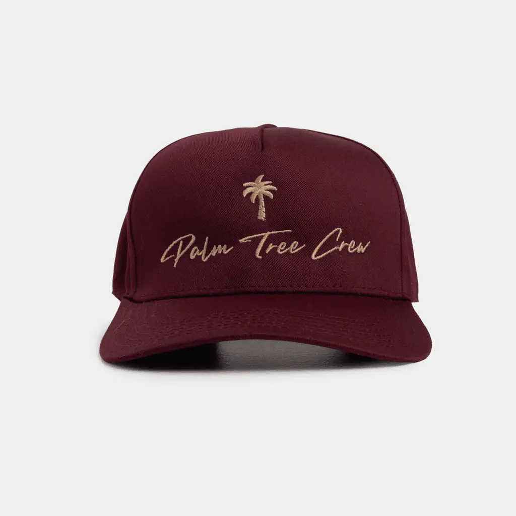 Maroon Palm Tree Crew Hat Summer Gift Idea for Son Stylish PTC Trucker Cap -WearandDecor