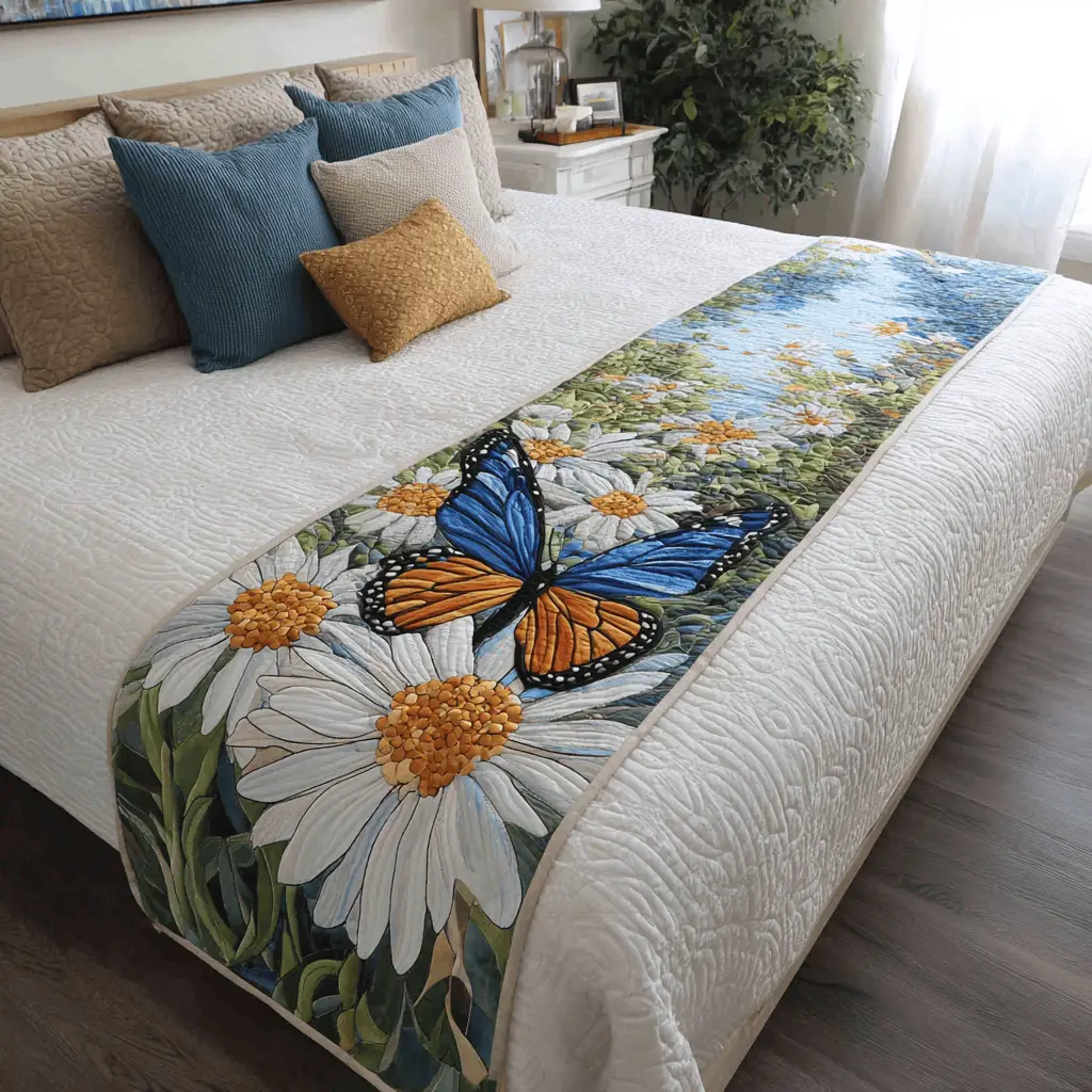 Meadow Butterfly Quilted Bed Runner Butterfly Meadow Artwork Gift for Grandma