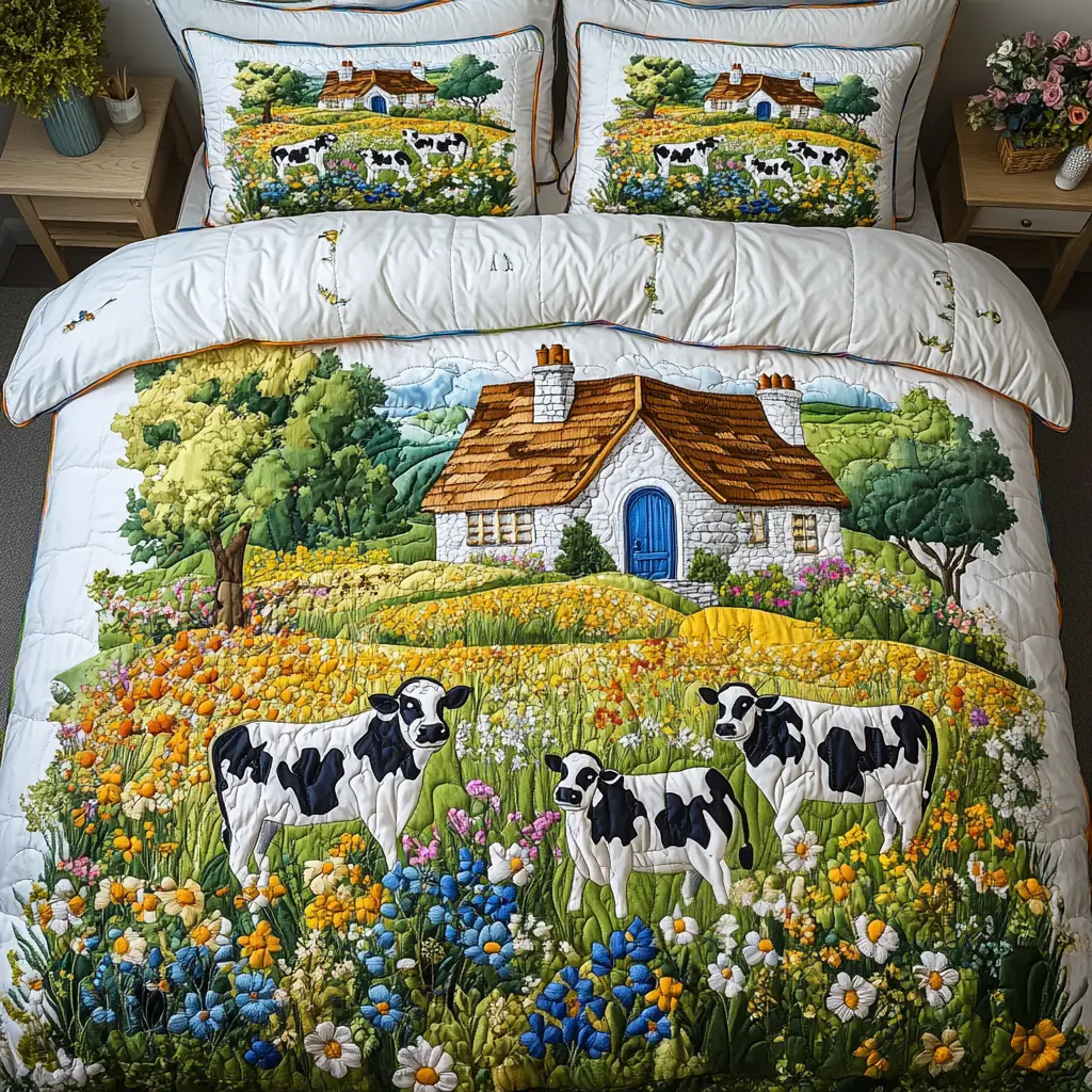 Meadow Cows Quilted Bedding Set Cozy Bedroom Decor Cow Lover Gift Ideas