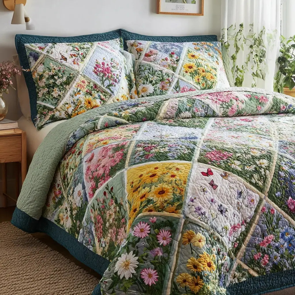 Meadow Joy Quilted Bedding Set Wildflower Bedroom Decor Cozy Home Best Gift For Her