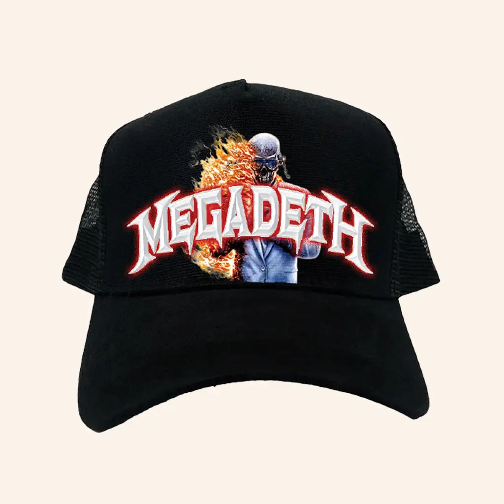 Megadeth Merch Megadeth Flame Vic Trucker Hat Gift Ideas For Music Lovers -WearandDecor Megadeth Merch Megadeth Flame Vic Trucker Hat Gift Ideas For Music Lovers -WearandDecor - Image 1