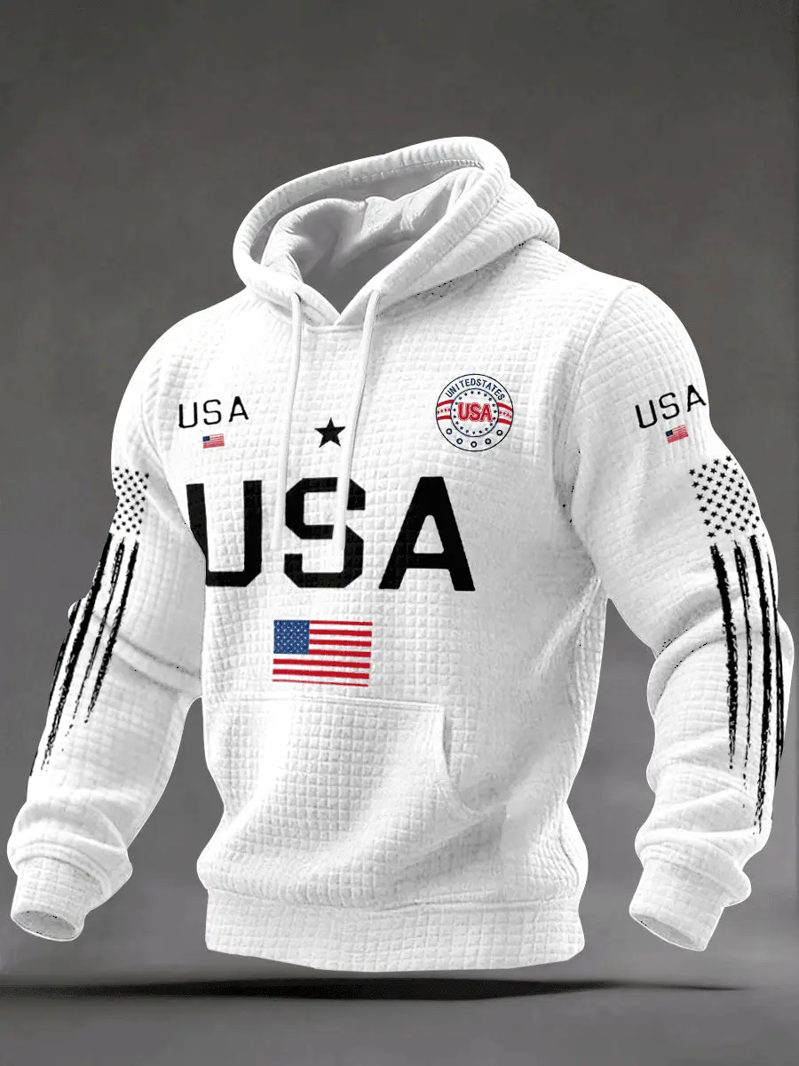 Men’s American Flag Waffle Hoodie USA Classic Fit Patriotic Clothing Gift