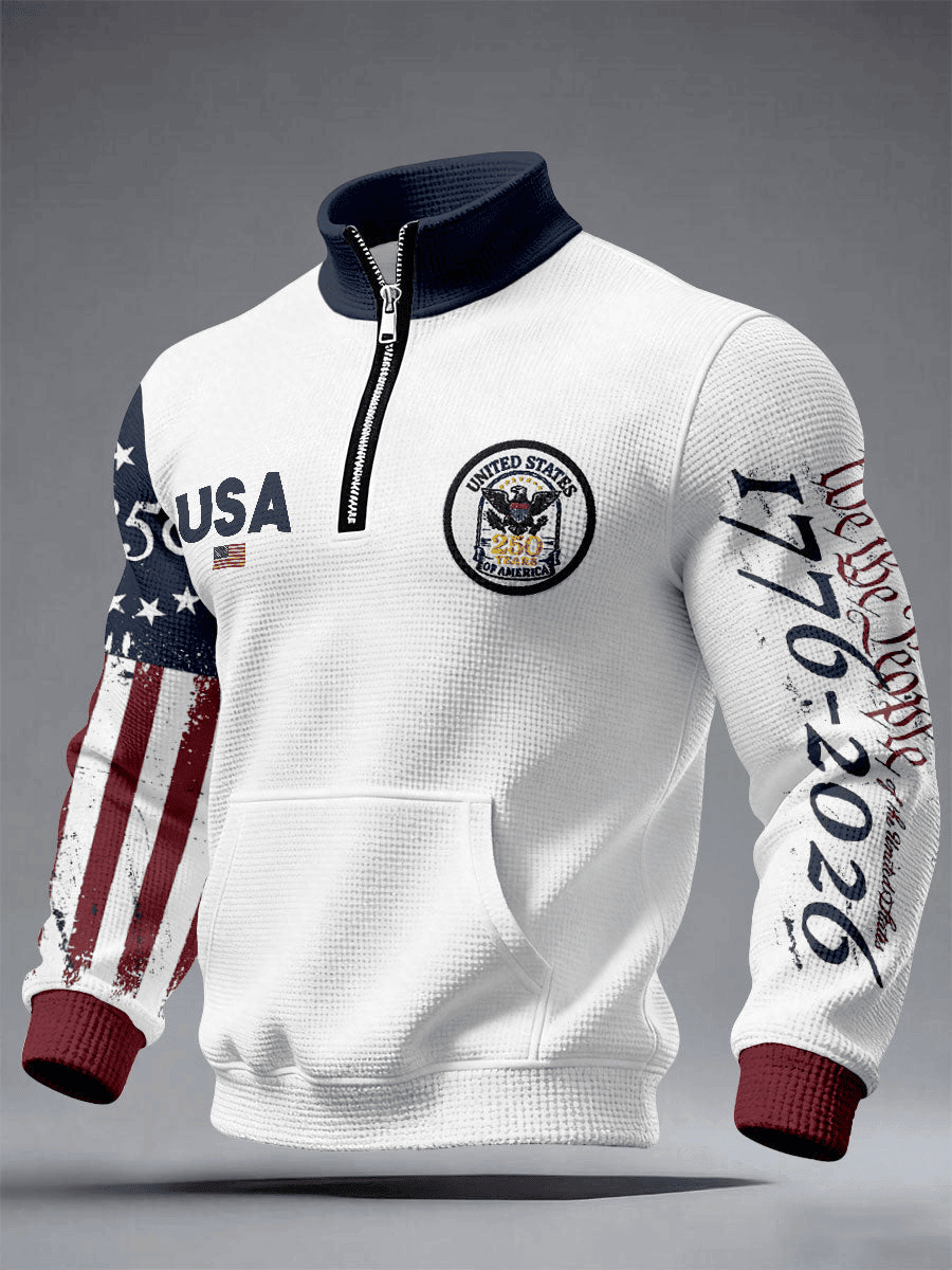 Men's 250 Years 1776-2026 Waffle Zipper Sweatshirts Patriotic Gift for Men