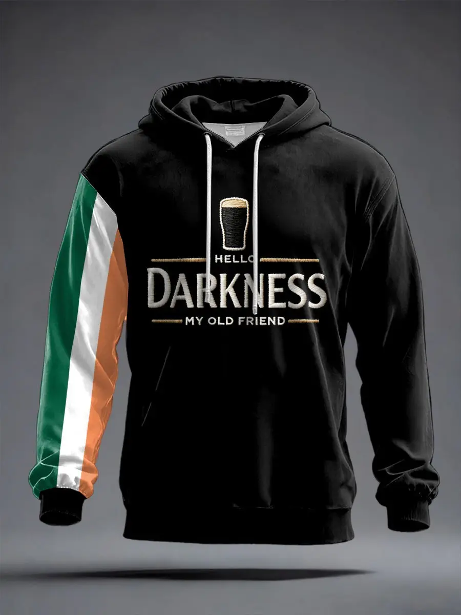Men's Hello Darkness My Old Friend Hoodie Irish Dark Beer Graphic St Patrick Day Outfits