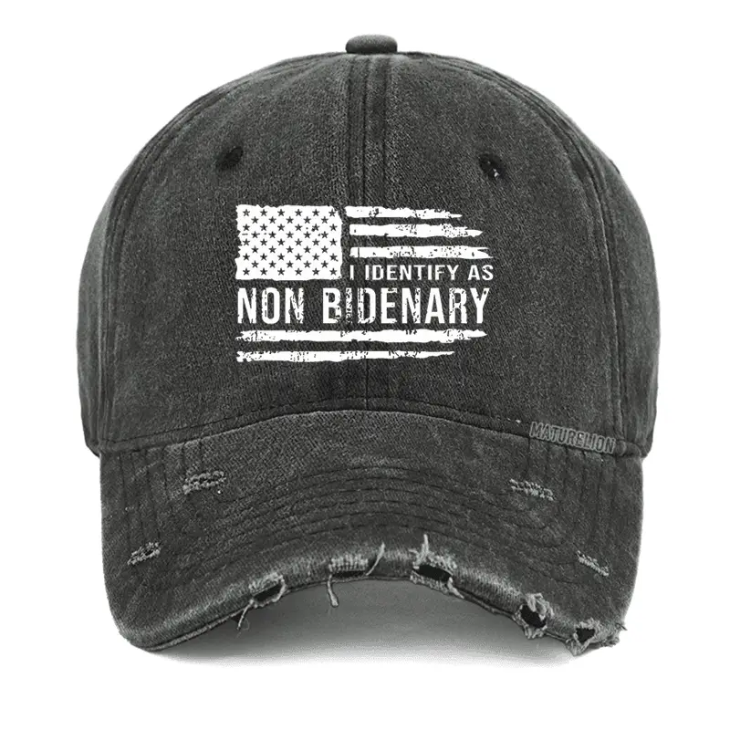 Men's I Identify As Non Bidenary Printed Cotton Washed Vintage Cap Funny Graphic Tee for Men –