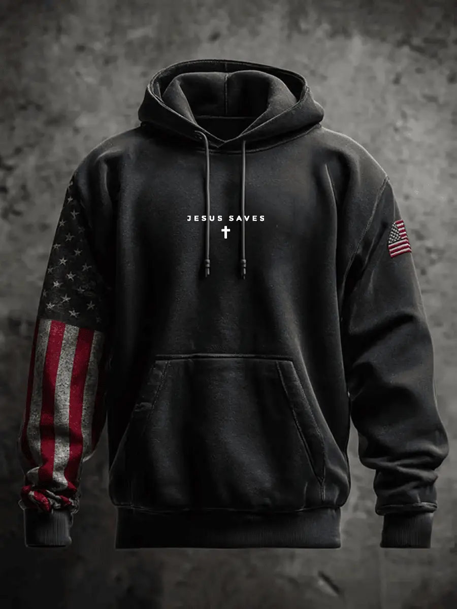 Men's Jesus Saves Print Casual Hooded Sweatshirt Charlie Kirk Turning Point Merch