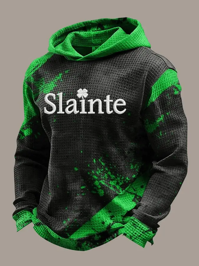 Men's St Patrick's Day Print Waffle Hoodie Slainte Shamrock Ireland Pullover Gift for Him Men's St Patrick's Day Print Waffle Hoodie Slainte Shamrock Ireland Pullover Gift for Him - Image 1