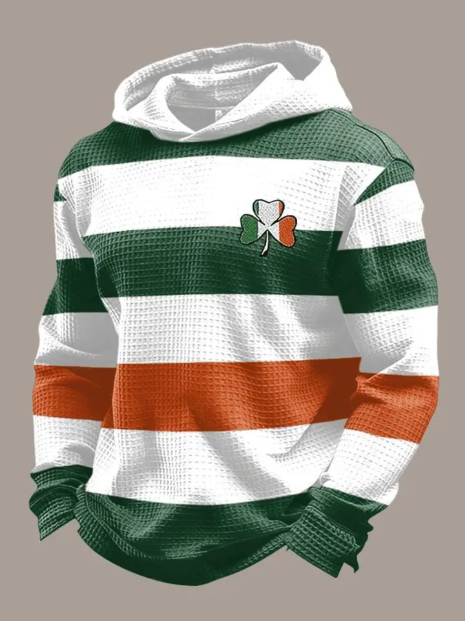 Men's St Patrick's Day Waffle Hoodie Clover Leaf Design Useful Gift for Dad