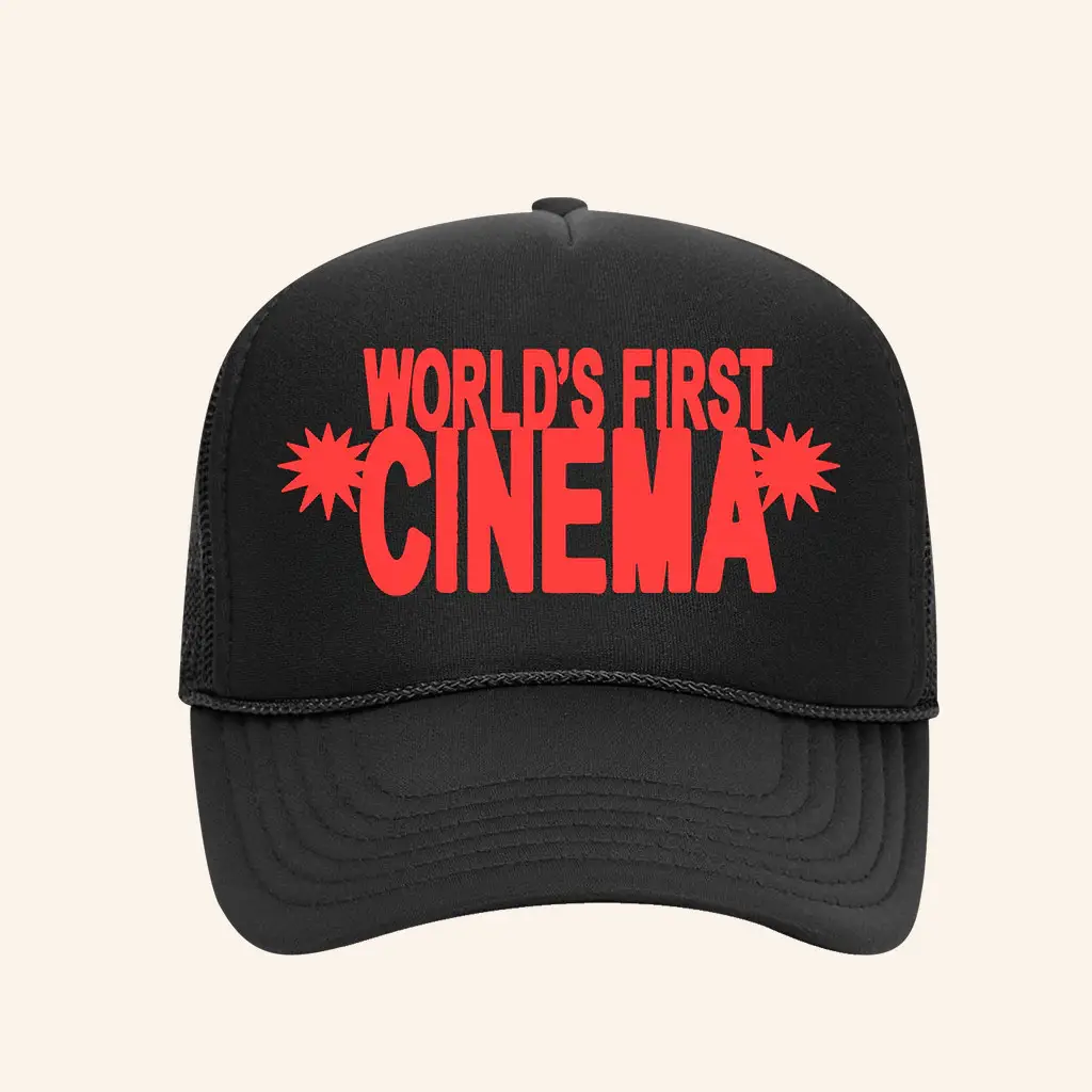 Merchnow Merch World’s First Cinema Stacked Logo Black Trucker Hat Gifts For Brother