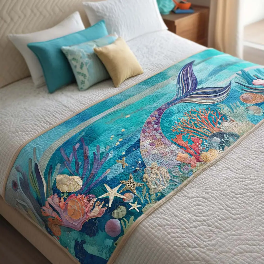 Mermaid Dreams Quilted Bed Runner Mermaid Dream Art Sea Lover Gift Mermaid Dreams Quilted Bed Runner Mermaid Dream Art Sea Lover Gift - Image 1