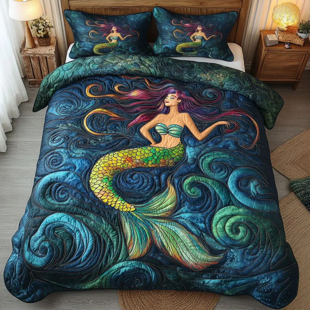 Mermaid In Ocean Garden Quilted Bedding Set Duvet Cover Bedspread Gifts For Sister