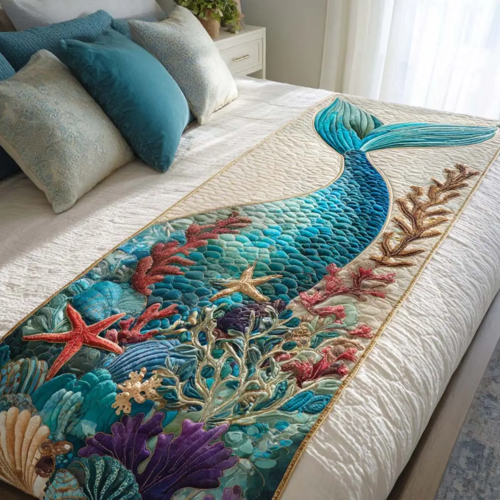Mermaid Tail Quilted Bed Runner Mermaid Tail Breeze Coastal Gift