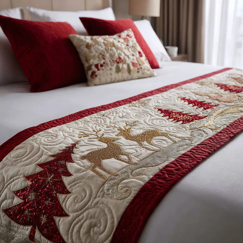 Merry Boughs Quilted Bed Runner Holiday Greenery Look Gift for Grandma