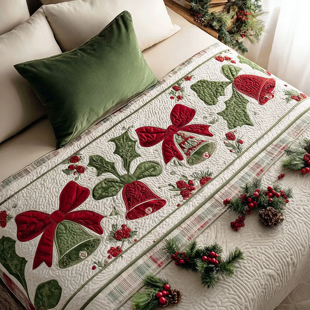 Merry Echo Quilted Bed Runner Festive Echo Spirit Christmas Gift for Wife