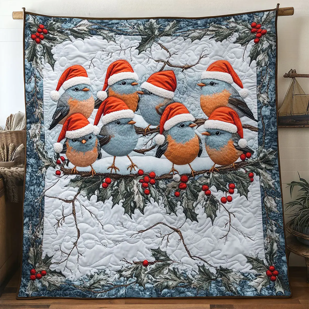 Merry European Robin Quilt Luxury Quilt Blanket with Decorative Stitching