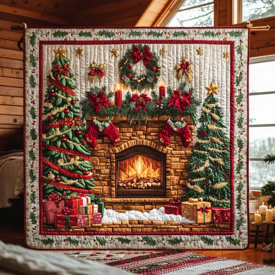 Merry Fireplace Quilt Premium Quilt Blanket for Family and Guests Merry Fireplace Quilt Premium Quilt Blanket for Family and Guests - Image 1