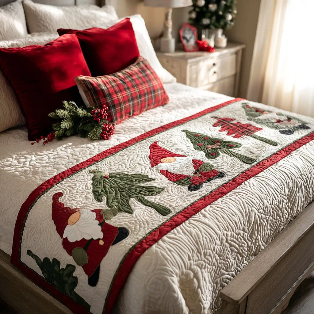 Merry Gnomes Quilted Bed Runner Merry Gnomes Scene Holiday Gift