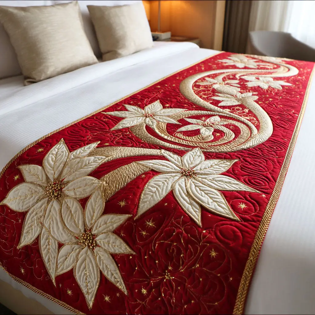 Merry Poinsettia Quilted Bed Runner Merry Poinsettia Bloom Christmas Gift for Grandma