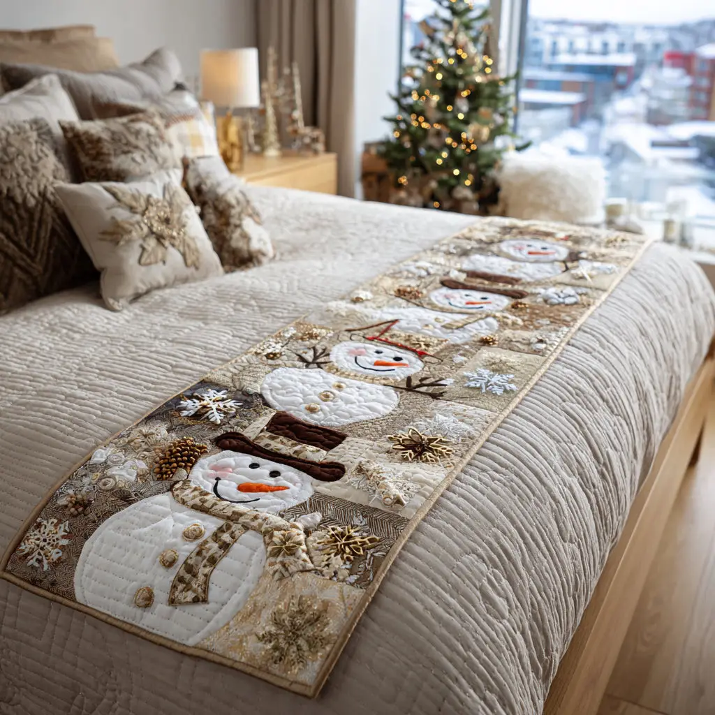 Merry Snowland Scene Quilted Bed Runner Merry Snowland Landscape Christmas Gift