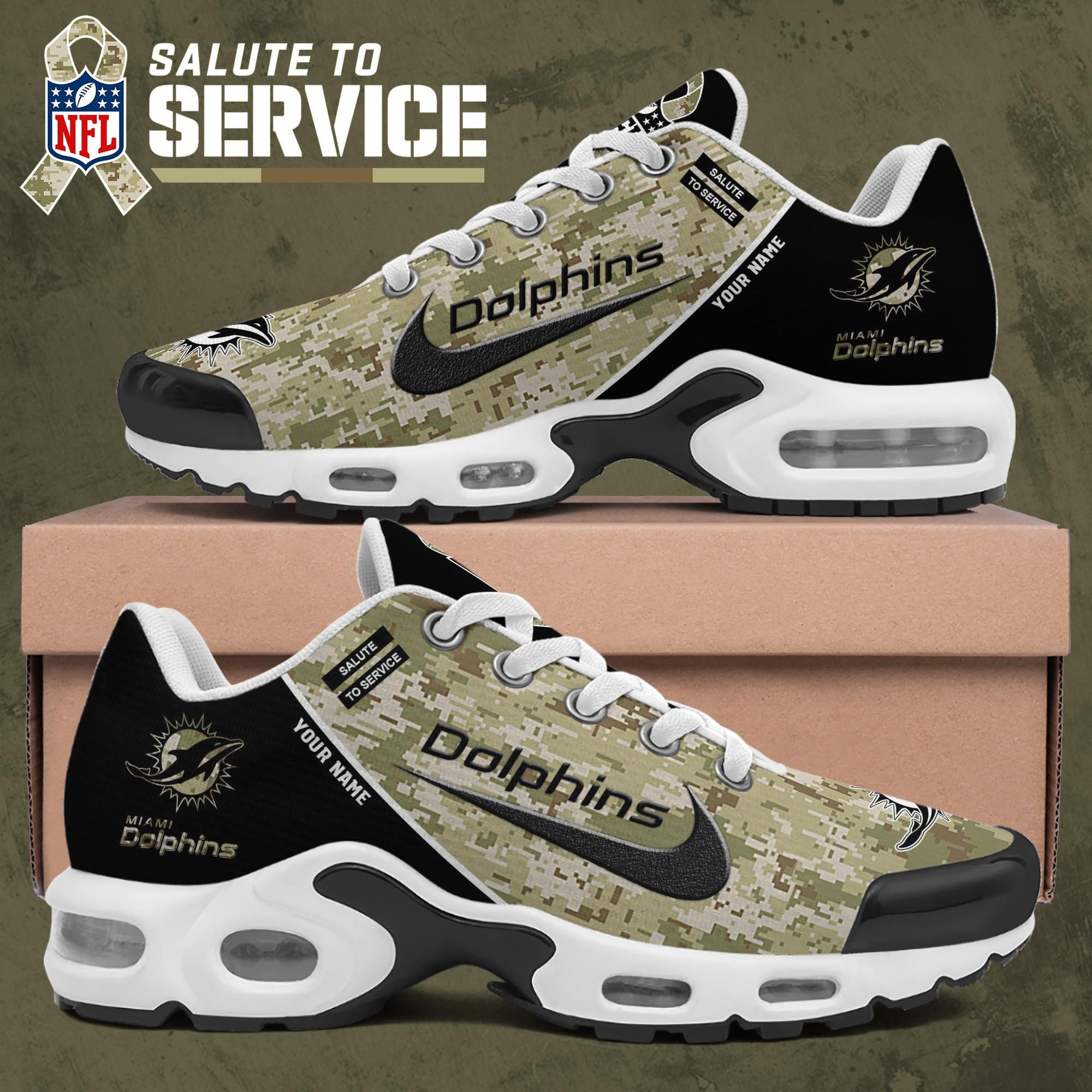 Miami Dolphins Shoes 2025 Version Custom Name, Camouflage Shoes Ph586