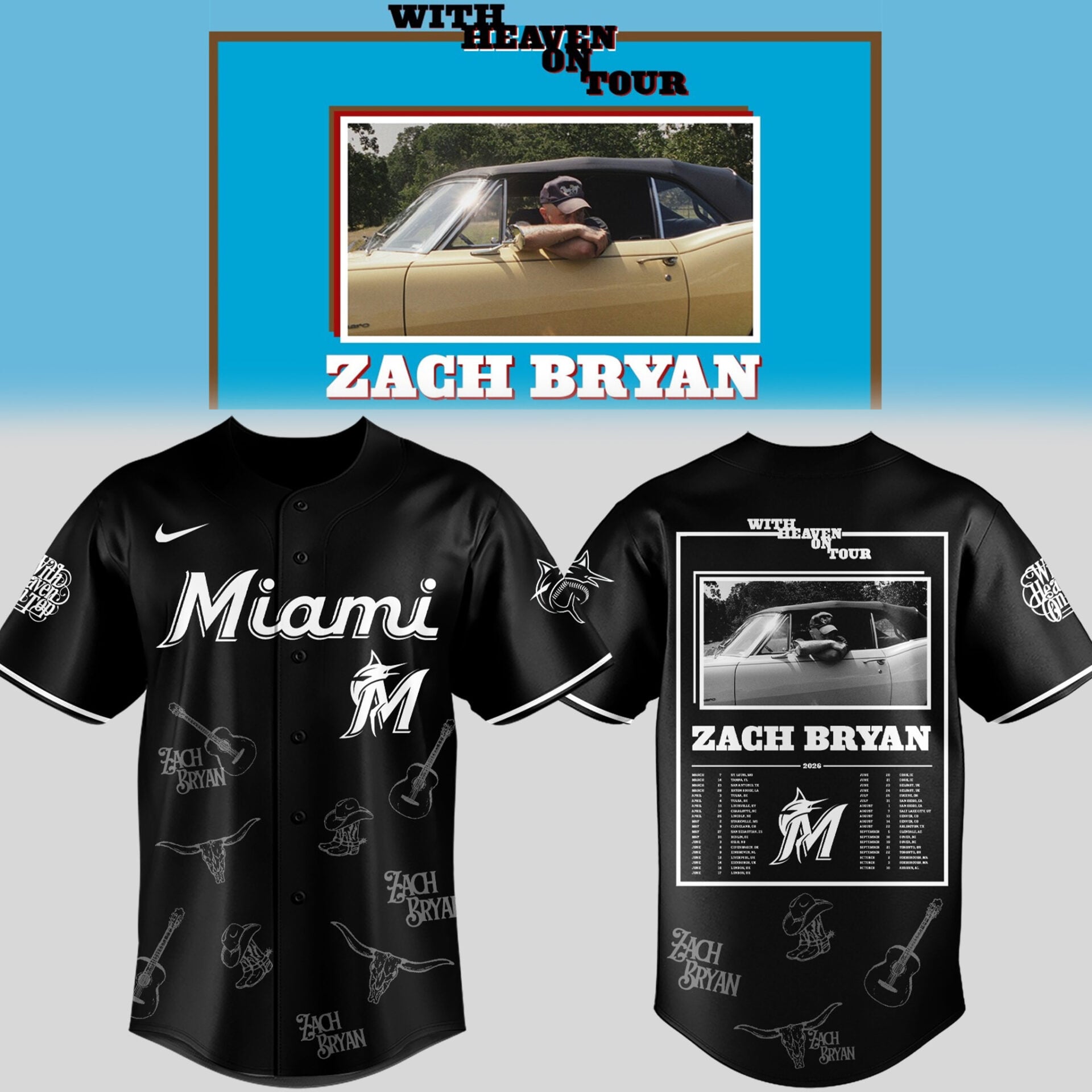 Miami Marlins X Zach Bryan With Heaven On Tour 2026 Jersey Black Fan Clothing Gifts