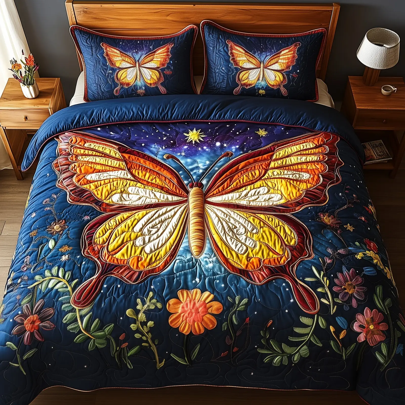 Midnight Butterfly Quilted Bedding Set Machine Washable