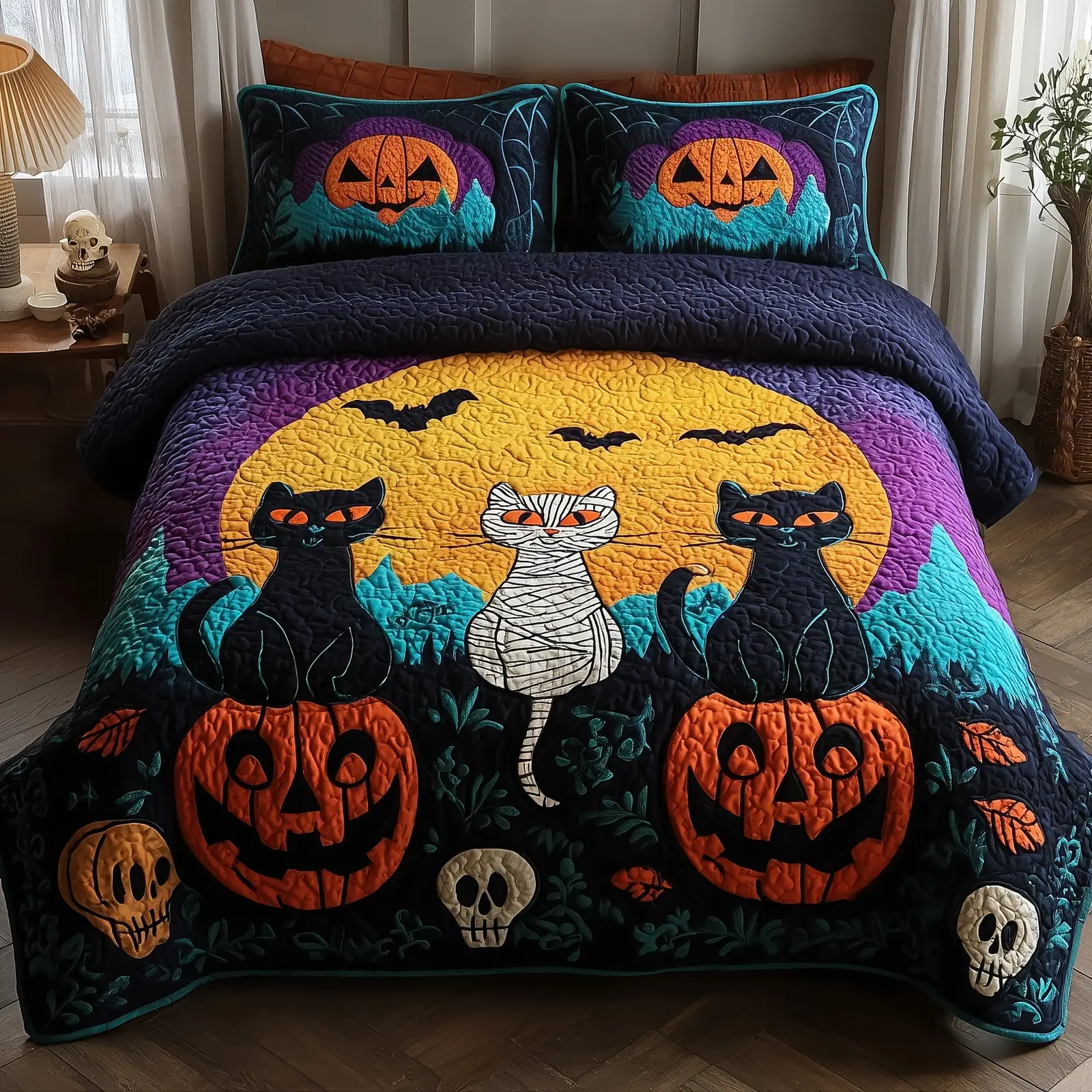 Midnight Cat Quilted Bedding Set Breathable