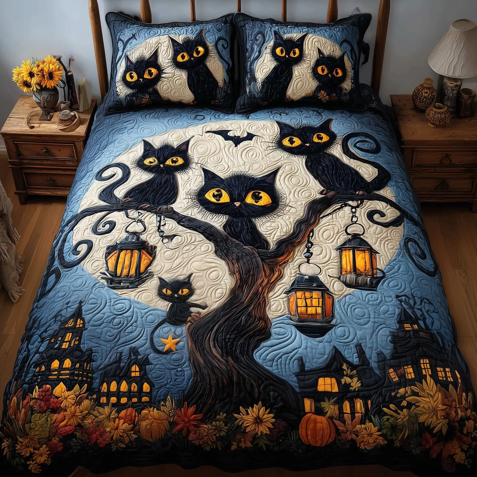 Midnight Cat Quilted Bedding Set Home Decor Collection