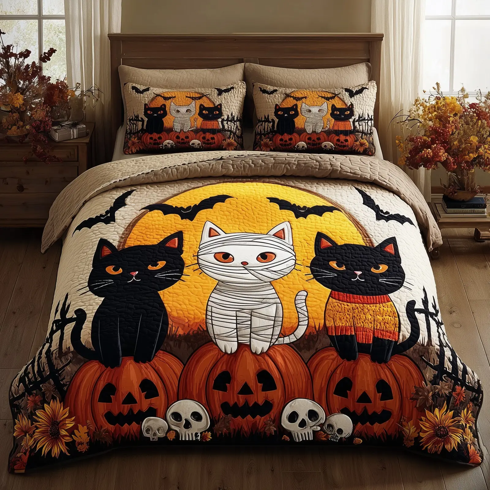Midnight Cat Quilted Bedding Set Lightweight