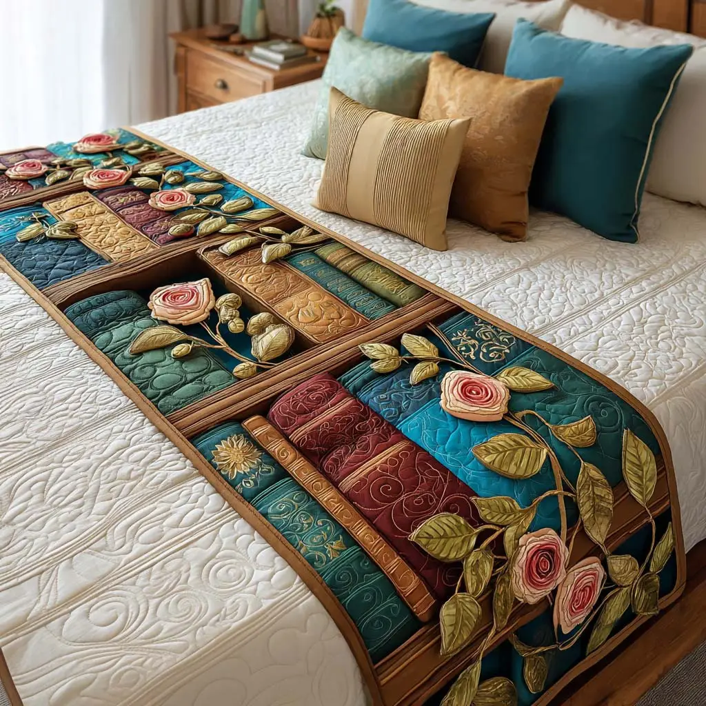 Midnight Chapters Quilted Bed Runner Storybook Night Theme Gift for Book Lovers
