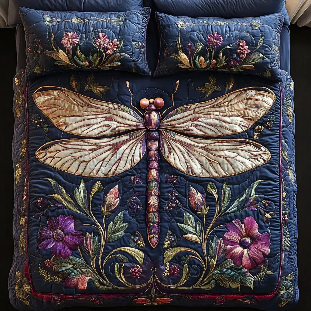 Midnight Dragonfly Elegance Quilted Bedding Set Trendy Bedding Merch for Modern Homes