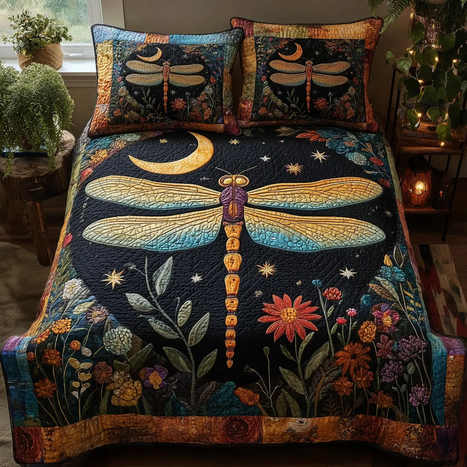 Midnight Dragonfly Quilted Bedding Set New Home Gift Midnight Dragonfly Quilted Bedding Set New Home Gift - Image 1