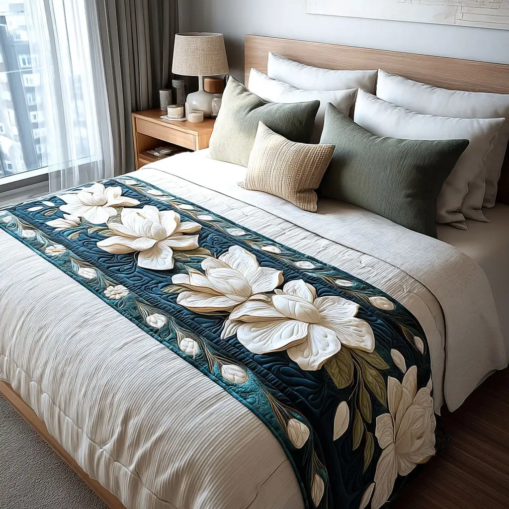 Midnight Magnolia Quilted Bed Runner Elegant Magnolia Bloom Gift for Floral Lovers