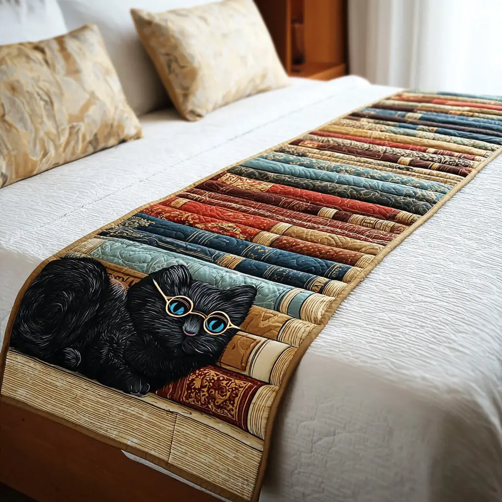 Midnight Reading Cat Quilted Bed Runner Midnight Reading Cat Gift for Literature Homes