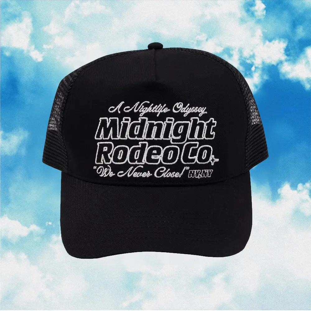 Midnight Rodeo Hat A Nightlife Odyssey Midnight Rodeo Co We Never Close NY NY Black Trucker Hat