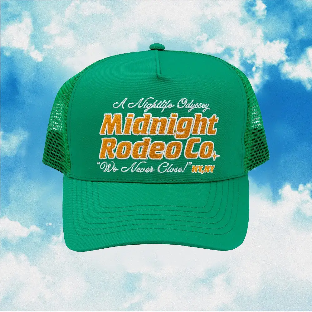 Midnight Rodeo Hat A Nightlife Odyssey Midnight Rodeo Co We Never Close NY NY Green Trucker Hat