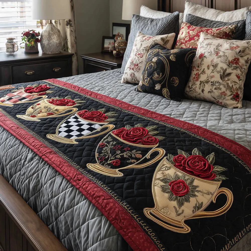 Midnight Rose Sip Quilted Bed Runner Midnight Rose Teacup Romantic Home Gift Midnight Rose Sip Quilted Bed Runner Midnight Rose Teacup Romantic Home Gift - Image 1
