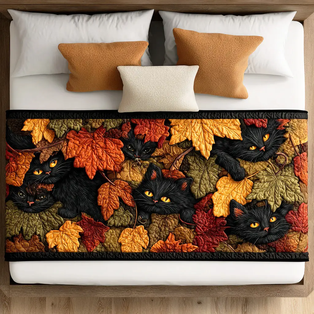 Midnight Whiskers Quilted Bed Runner Midnight Cat Whiskers Cozy Home Gift