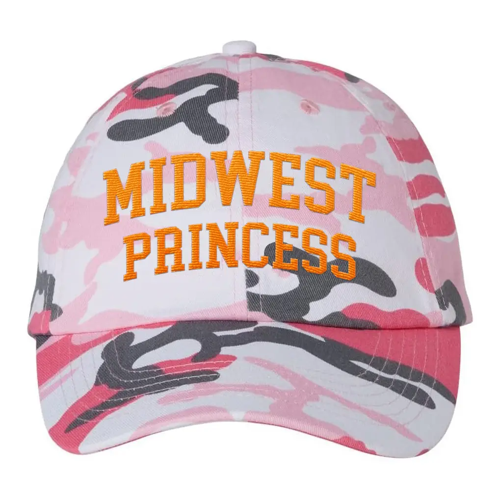 Midwest Princess Embroidered Pink Camo Hat Harris Walz 2024 Political Campaign Merch