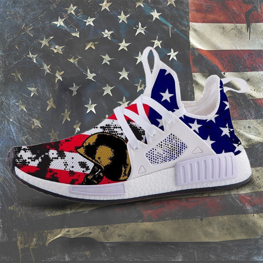 Military Veteran Helmet American Flag Shoes Veteran Memorial Patriotic Sneakers -WearandDecor