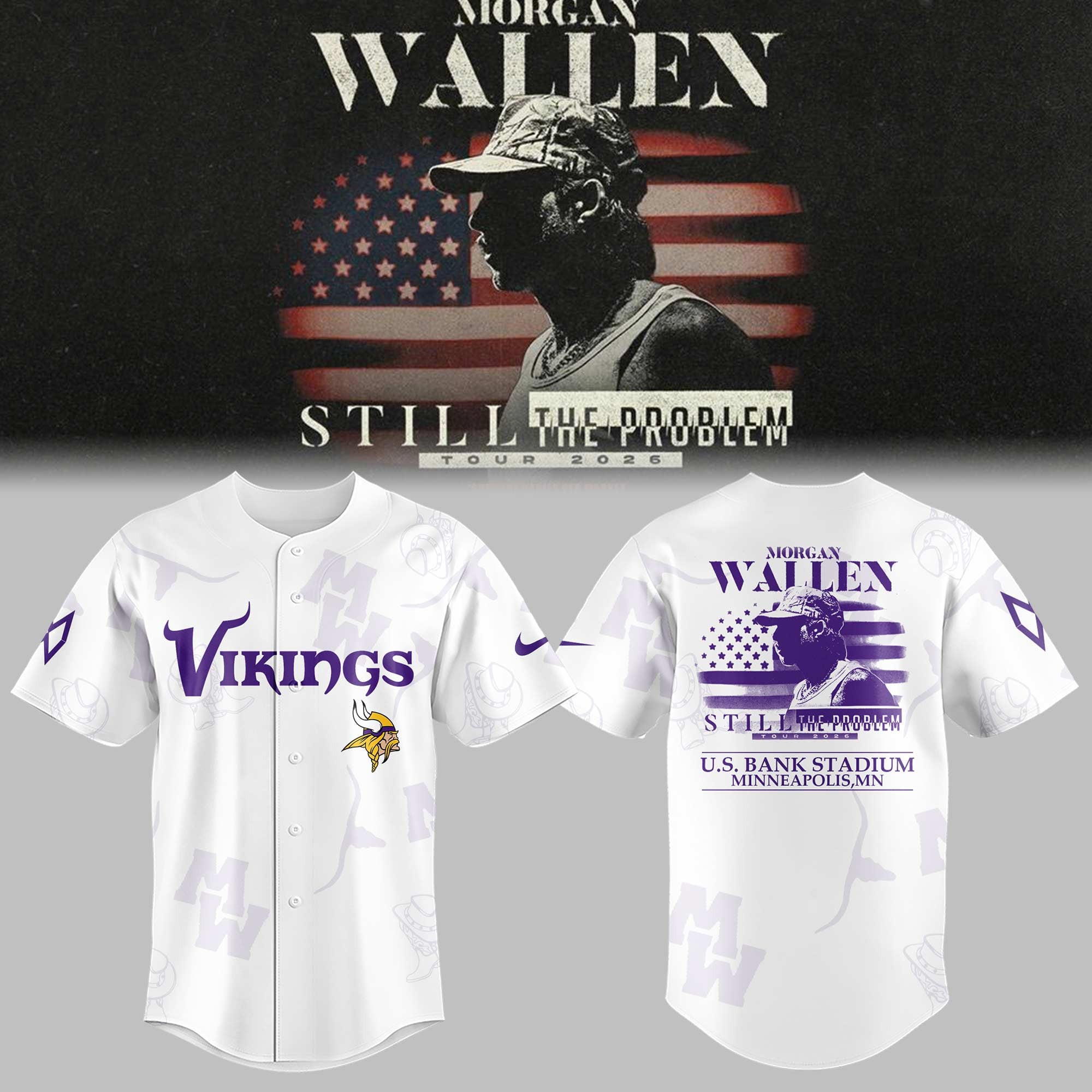Minnesota Vikings X Morgan Wallen 2026 Still The Problem Tour Jersey Fan Merch Gifts Ideas