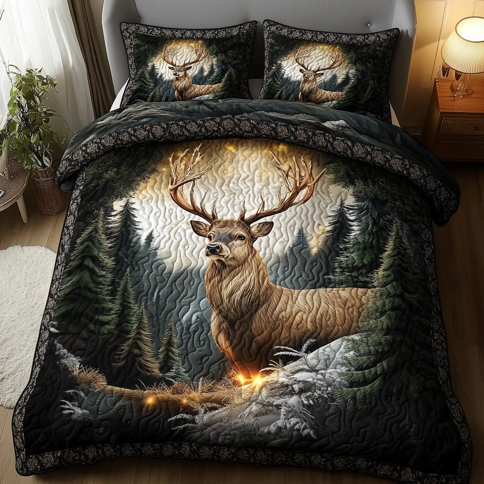 Misty Forest Deer Quilted Bedding Set Stylish Home Decor