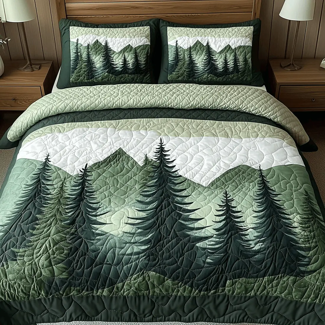 Misty Forest Mountain Quilted Bedding Set Green Duvet Covers Awesome Mother's Day Gifts For Mom